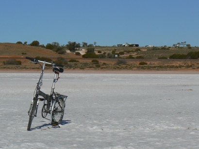Bicycle sculpture on the salt at Lake Hart
