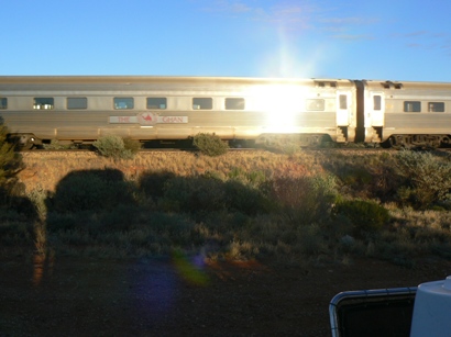 The Ghan rattles past our caravan